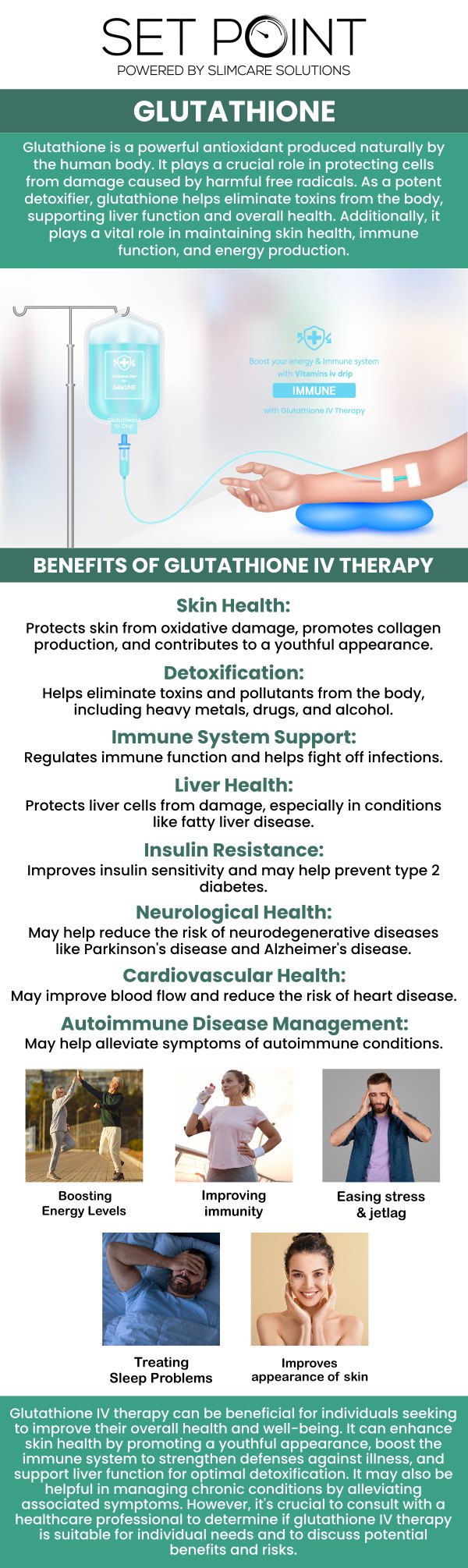 Common questions asked by patients: What is Glutathione? What are the main benefits of Glutathione injections? Why choose injections over oral Glutathione pills? Can Glutathione injections really lighten or brighten my skin? How quickly will I see results from Glutathione therapy?
Detoxify your body and restore skin radiance with high-purity Glutathione injections at Set Point in Folsom, CA. Bypassing the gut entirely, our fast-acting shots deliver the "Master Antioxidant" directly to your cells to maximize liver detoxification and fade hyperpigmentation. For more information, contact us or schedule an appointment. We are conveniently located at 850 Iron Point Rd Suite 114, Folsom, CA 95630.