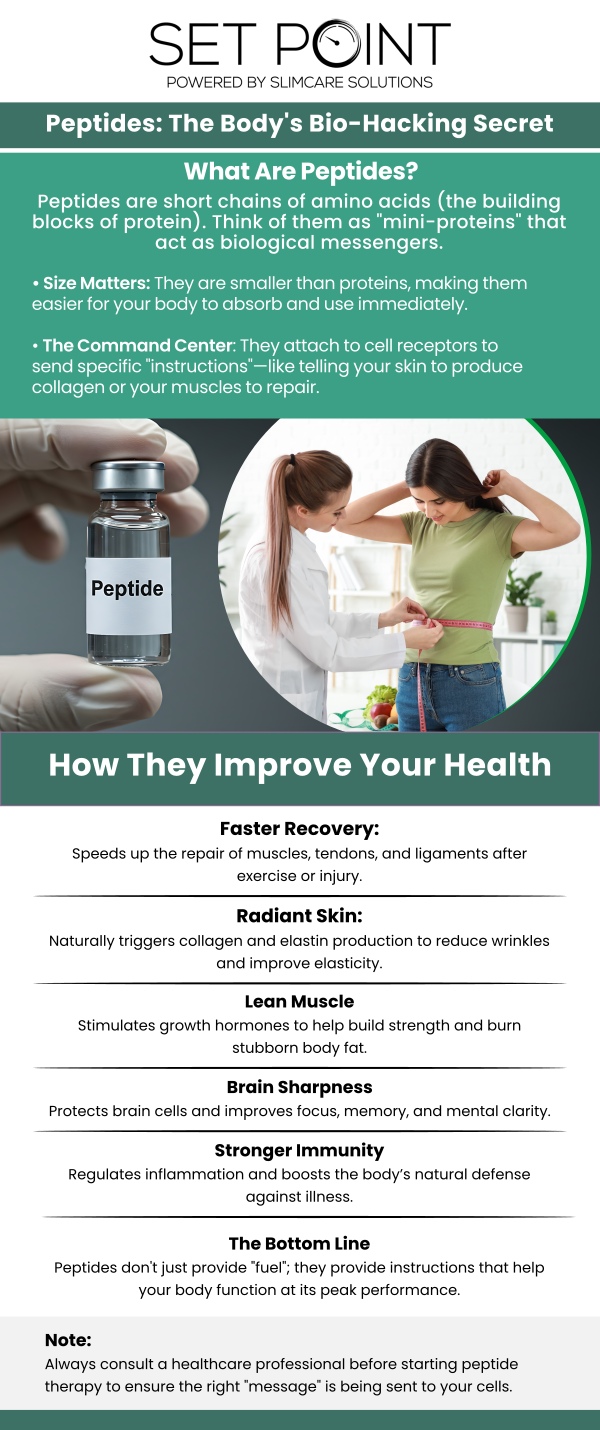 Common questions asked by patients: What exactly is Peptide Therapy? What are the benefits of Peptide Therapy? Can Peptide Therapy help with weight loss? How are peptides administered? Is Peptide Therapy safe?
Optimize your recovery, performance, skin health, and longevity with premium peptide therapies at Set Point in Folsom, CA. Our high-purity cellular messengers are reliably sourced and third-party verified, delivering safe, precise biological signaling to help your body function at its absolute best. For more information, contact us or schedule an appointment. We are conveniently located at 850 Iron Point Rd Suite 114, Folsom, CA 95630.