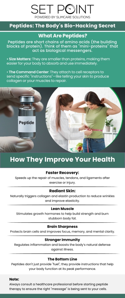 Common questions asked by patients: What exactly is Peptide Therapy? What are the benefits of Peptide Therapy? Can Peptide Therapy help with weight loss? How are peptides administered? Is Peptide Therapy safe?
Optimize your recovery, performance, skin health, and longevity with premium peptide therapies at Set Point in Folsom, CA. Our high-purity cellular messengers are reliably sourced and third-party verified, delivering safe, precise biological signaling to help your body function at its absolute best. For more information, contact us or schedule an appointment. We are conveniently located at 850 Iron Point Rd Suite 114, Folsom, CA 95630.