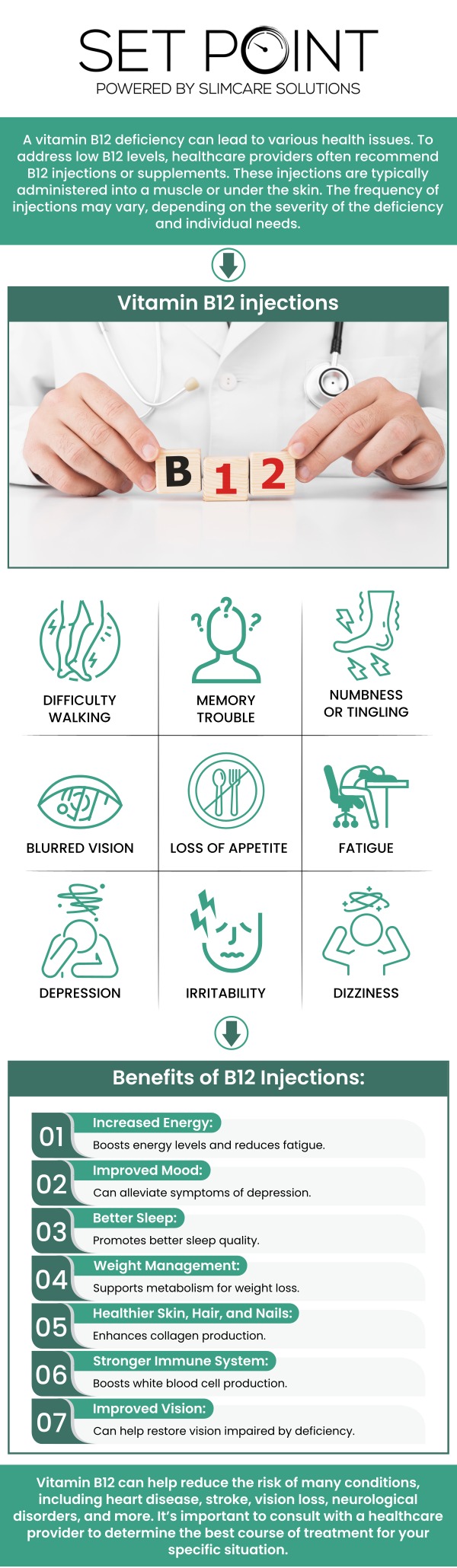 Common questions asked by patients: What is Vitamin B12 Therapy? What are the main benefits of Vitamin B12 injections? Why are B12 injections better than oral pills or sublingual drops? What are the signs of a Vitamin B12 deficiency? How quickly will I feel the effects of a B12 shot? How often do I need to get Vitamin B12 injections?
Elevate your daily energy, mental clarity, and metabolic function with fast-acting Vitamin B12 injections at Set Point in Folsom, CA. By bypassing the digestive tract entirely, our high-purity shots deliver maximum absorption directly to your bloodstream to instantly eliminate brain fog and fight chronic fatigue. For more information, contact us or schedule an appointment. We are conveniently located at 850 Iron Point Rd Suite 114, Folsom, CA 95630.